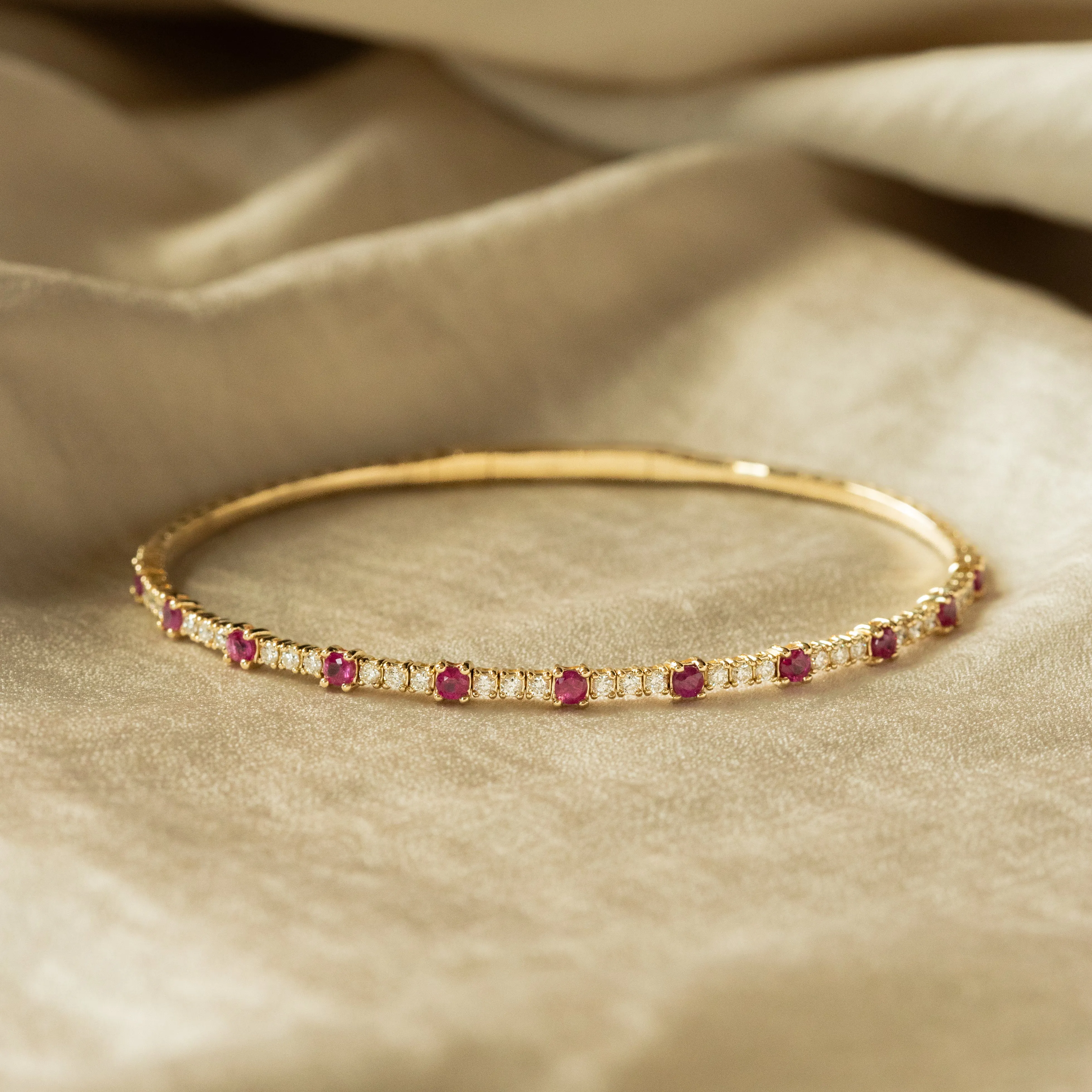 14K Yellow Gold Natural Ruby Diamond Flexible Bangle