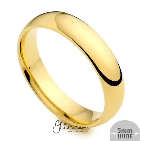 24K Gold Ion Plated over Stainless Steel 5mm Wide Glossy Mirror Polished Plain Band Ring