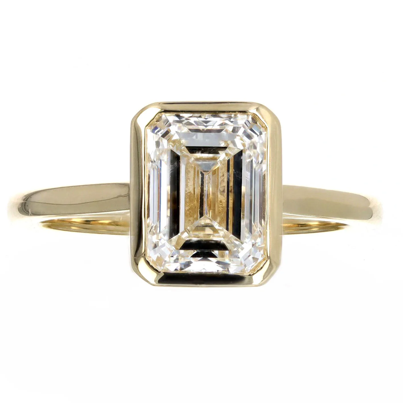 2.51 Carat Emerald Cut Diamond Bezel Engagement Ring in 18K Yellow Gold GIA Certified