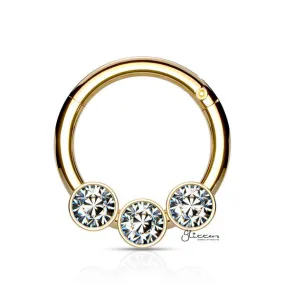 316L Surgical Steel Hinged Segment Hoop Ring with 3 Crystals - Gold