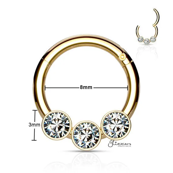 316L Surgical Steel Hinged Segment Hoop Ring with 3 Crystals - Gold