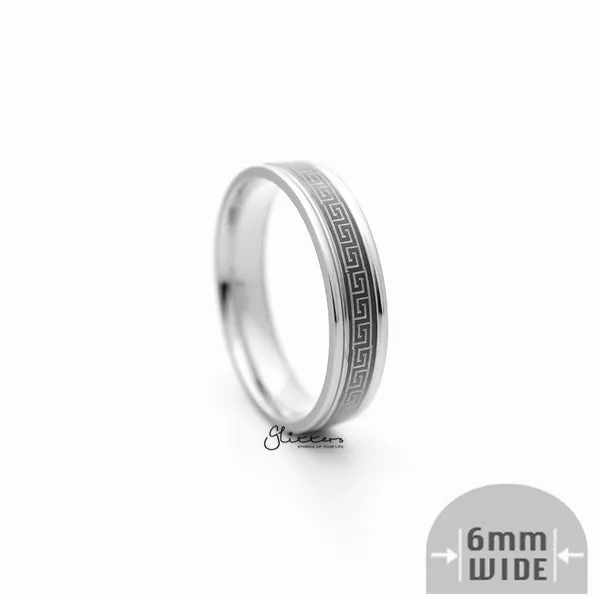 6mm Silver Greek Key on Black Background Stainless Steel Band Rings