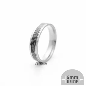 6mm Silver Greek Key on Black Background Stainless Steel Band Rings