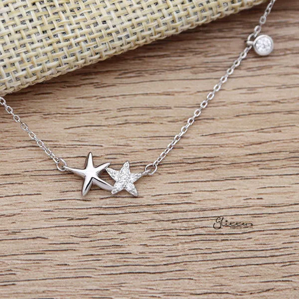 925 Sterling Silver C.Z Double Stars Necklace with 43cm Chain