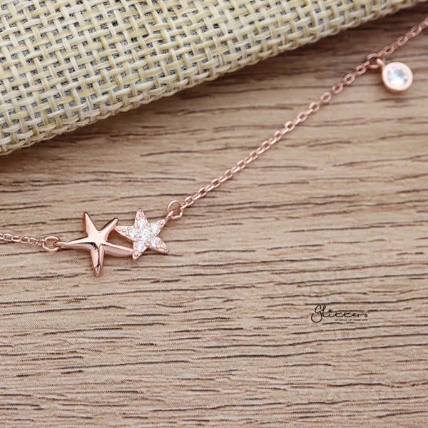 925 Sterling Silver C.Z Double Stars Necklace with 43cm Chain