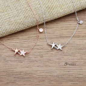 925 Sterling Silver C.Z Double Stars Necklace with 43cm Chain