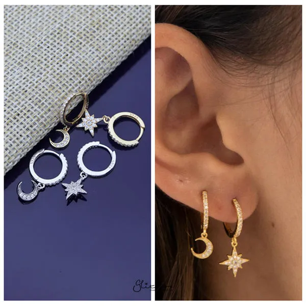 925 Sterling Silver Dangle C.Z Moon Star One-Touch Huggie Hoop Earrings