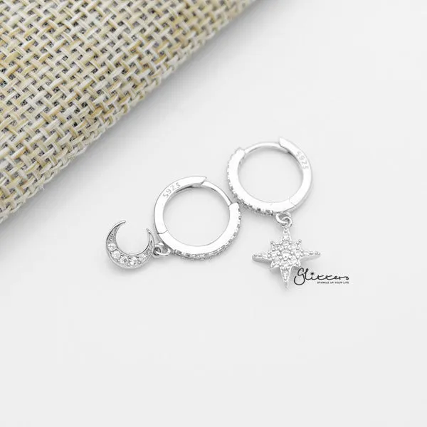 925 Sterling Silver Dangle C.Z Moon Star One-Touch Huggie Hoop Earrings