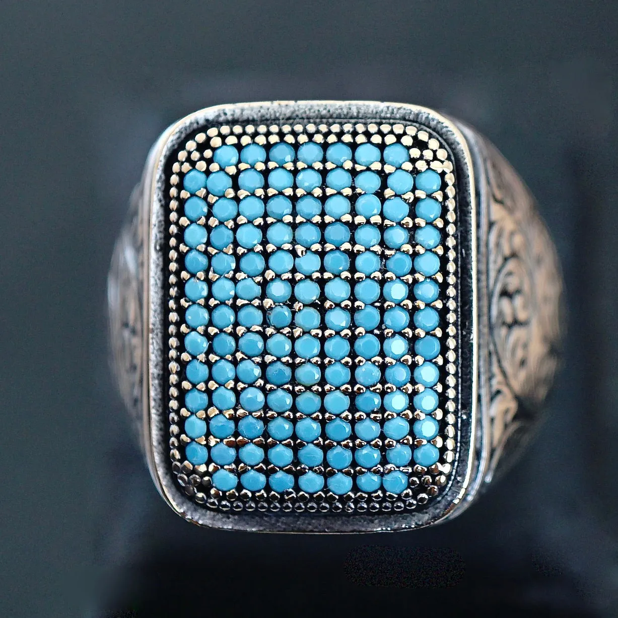 925 Sterling Silver Men's Ring Turquoise pave signet micro setting Handcrafted Unique Jewelry