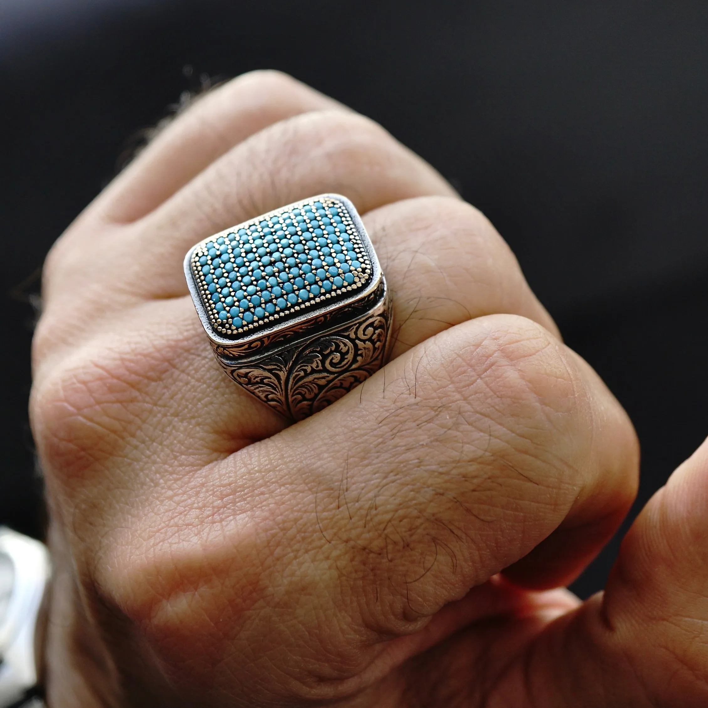 925 Sterling Silver Men's Ring Turquoise pave signet micro setting Handcrafted Unique Jewelry