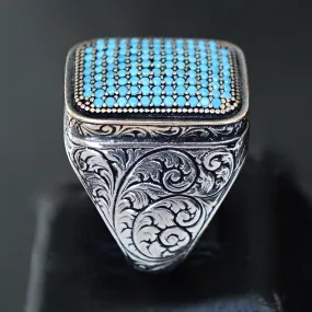 925 Sterling Silver Men's Ring Turquoise pave signet micro setting Handcrafted Unique Jewelry