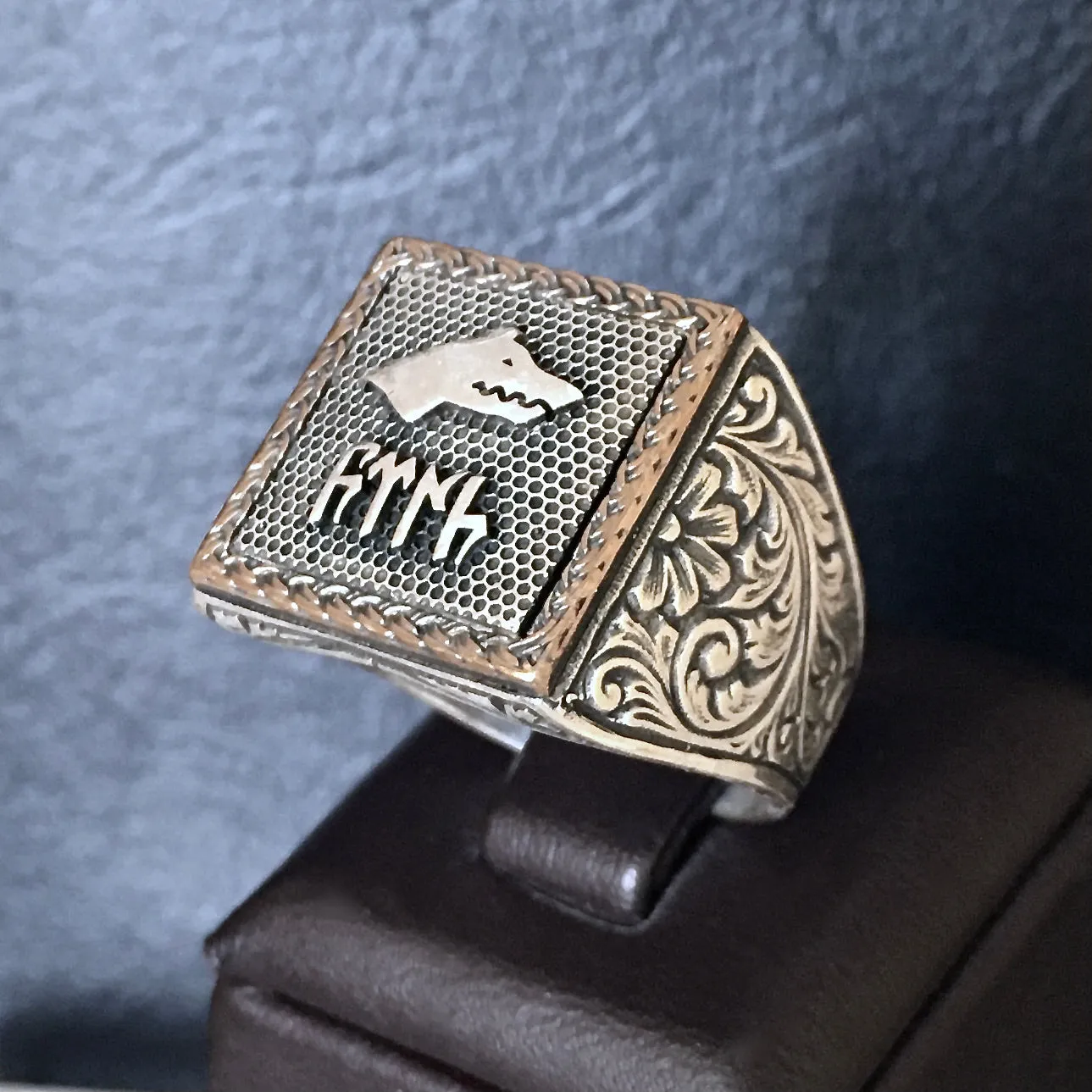 925 Sterling Silver Gokturk Wolf Signet Ring - Solid Turkish Mens Jewelry