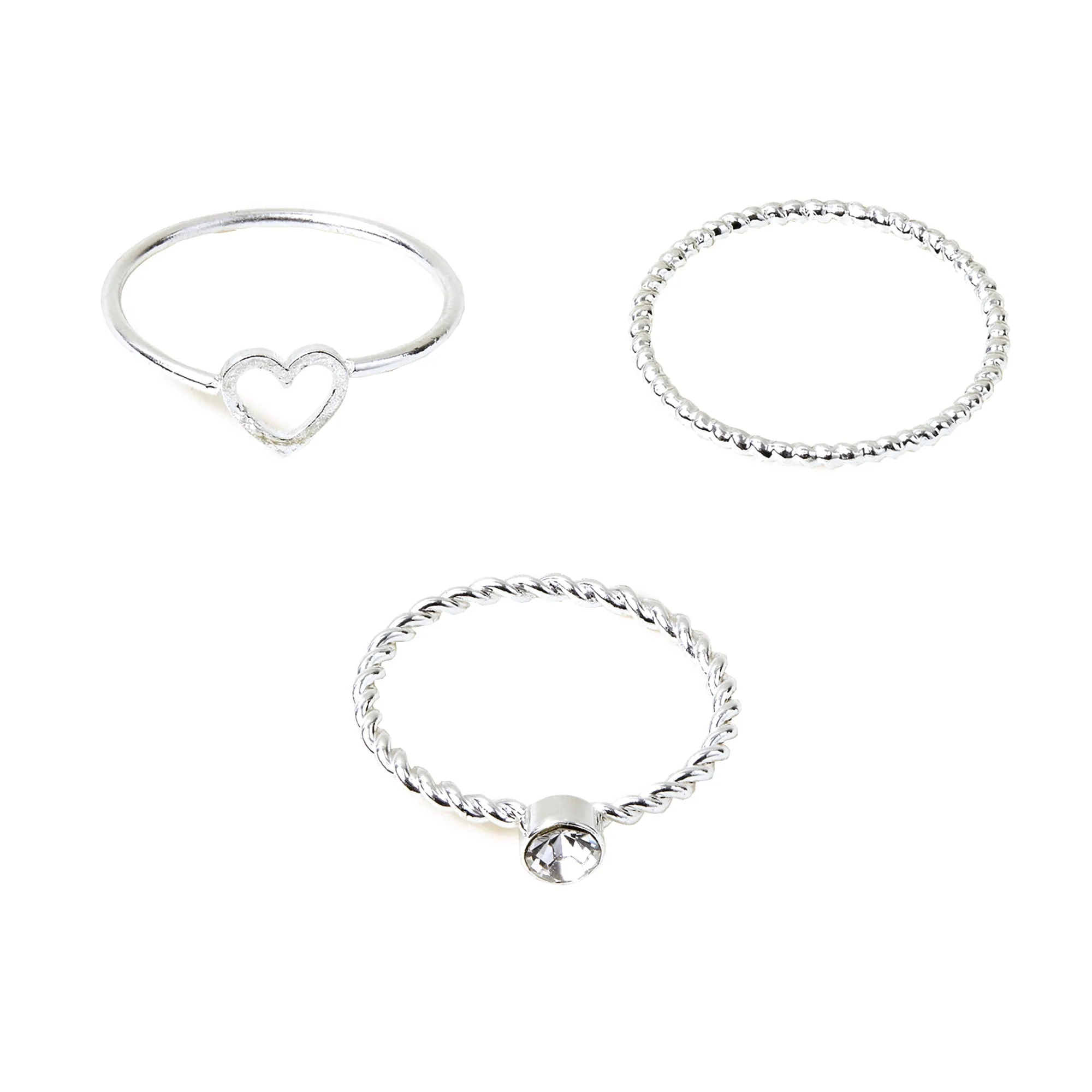 Accessorize London Women's Heart Gem Rings Silver Pack Of Three-Large