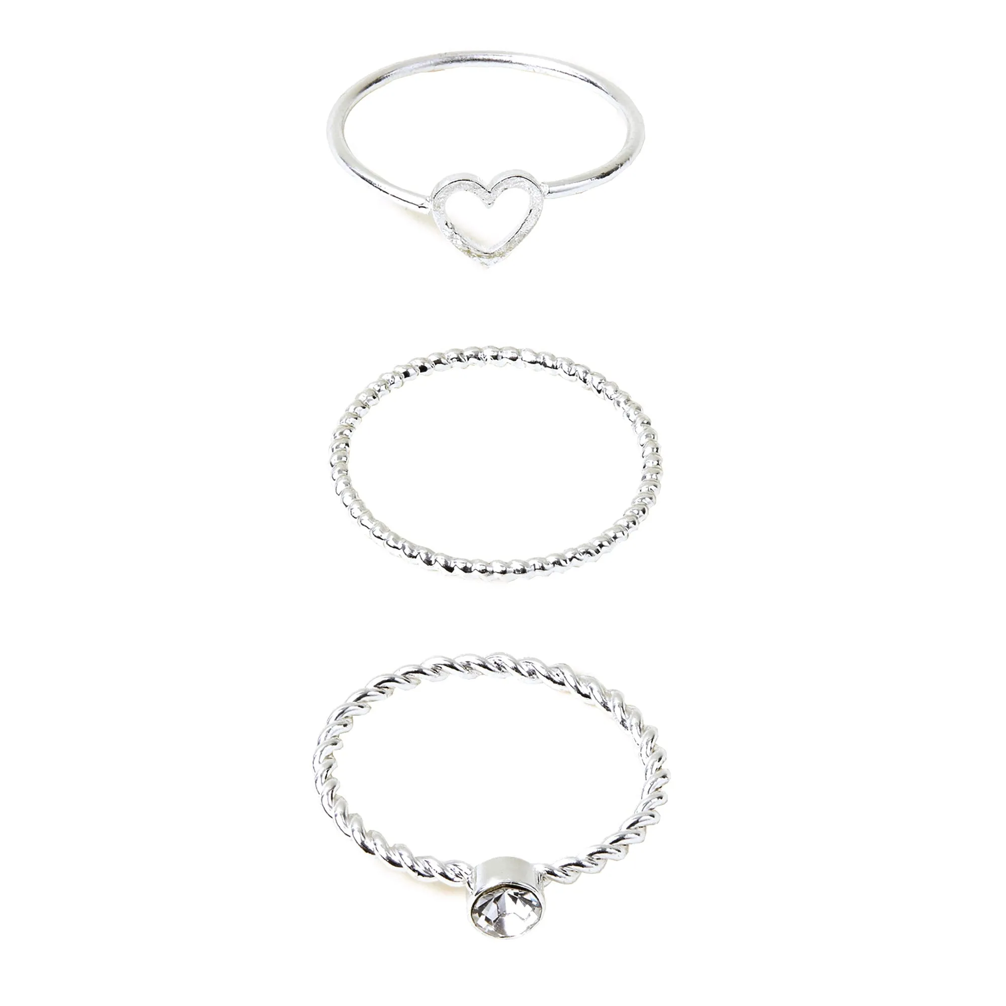 Accessorize London Women's Heart Gem Rings Silver Pack Of Three-Large