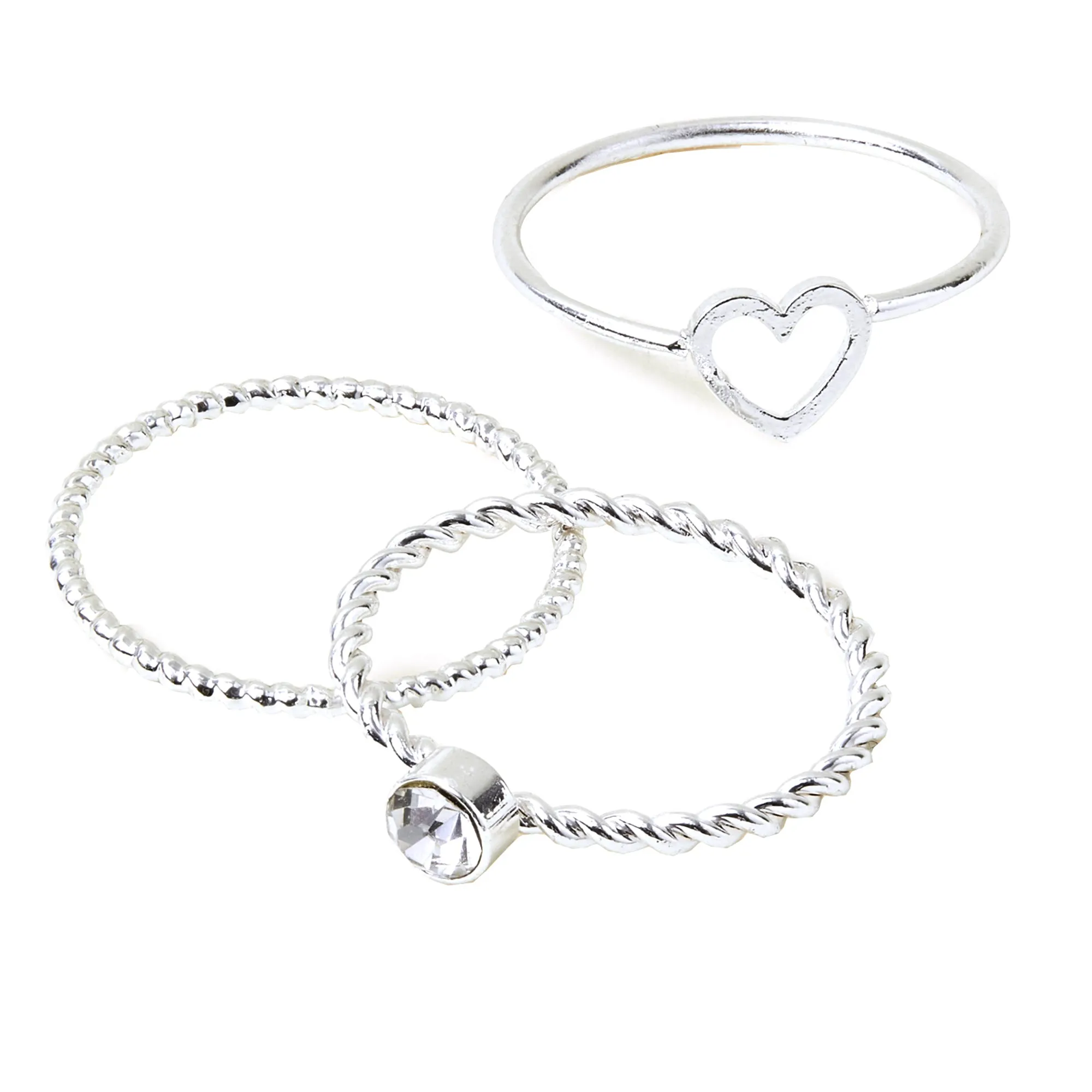 Accessorize London Women's Heart Gem Rings Silver Pack Of Three-Medium