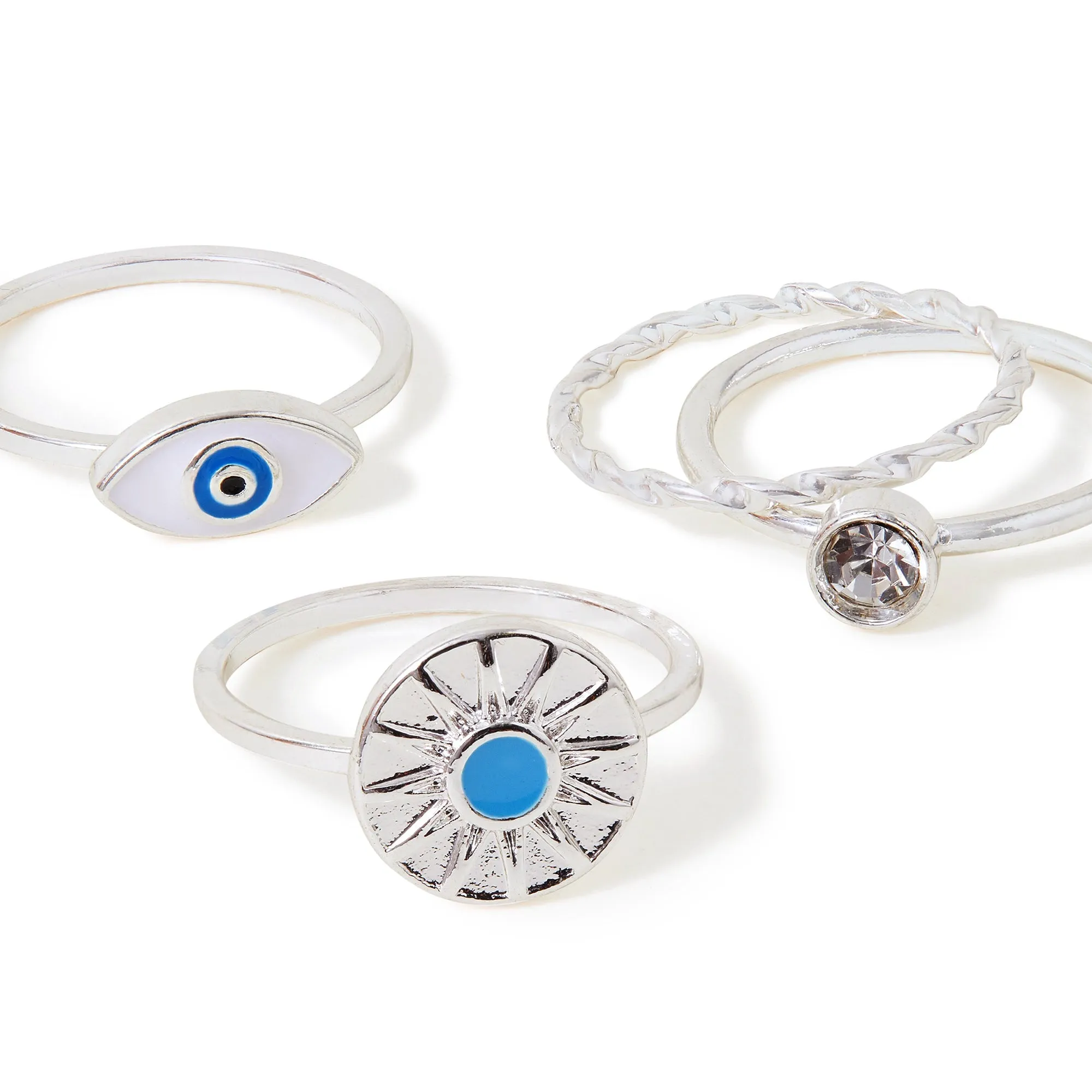 Accessorize London Women's Silver Evil Eye Ring Pack Of 4 Large