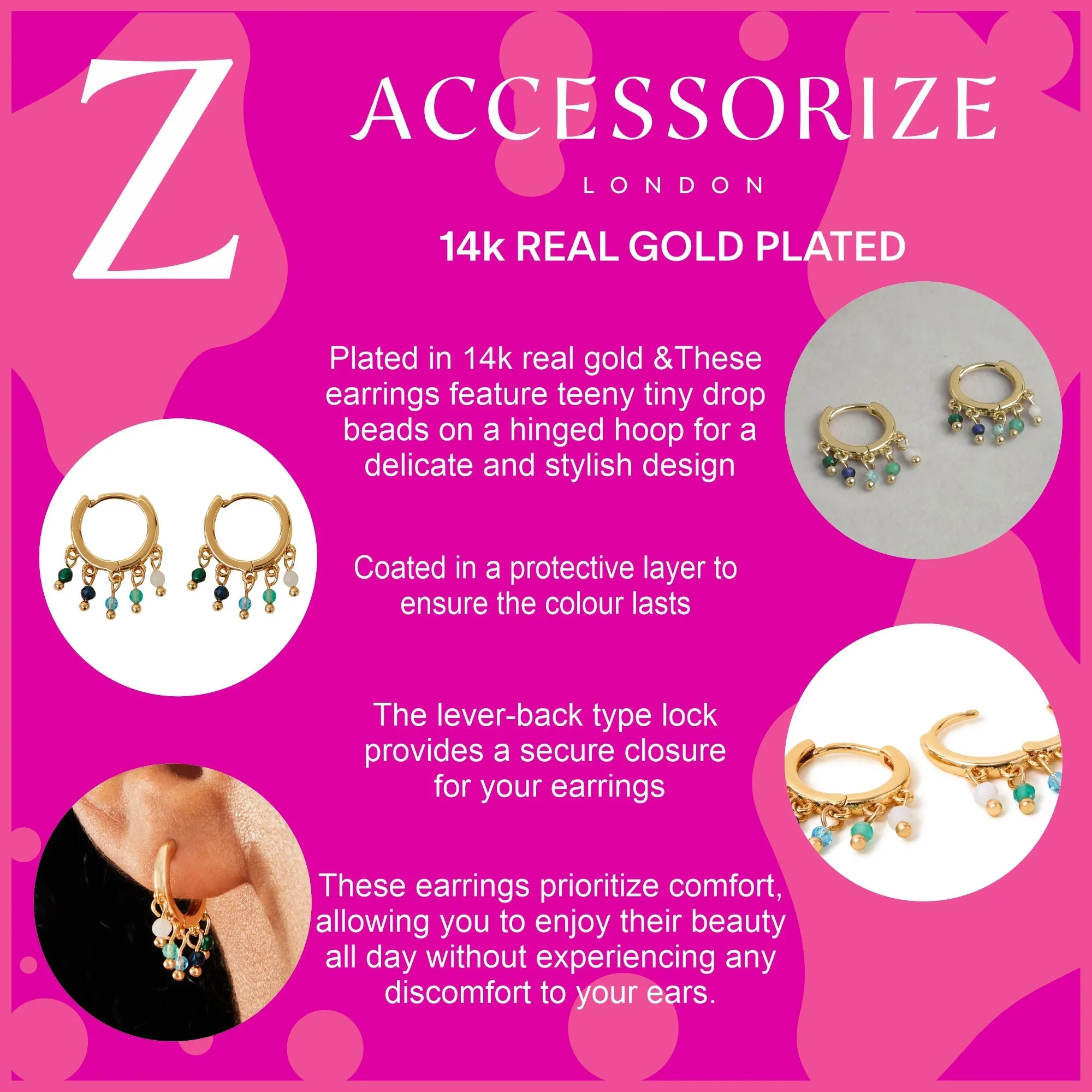 Accessorize London Women's Z Real Gold-Plated Charm Bead Hoops Earrings