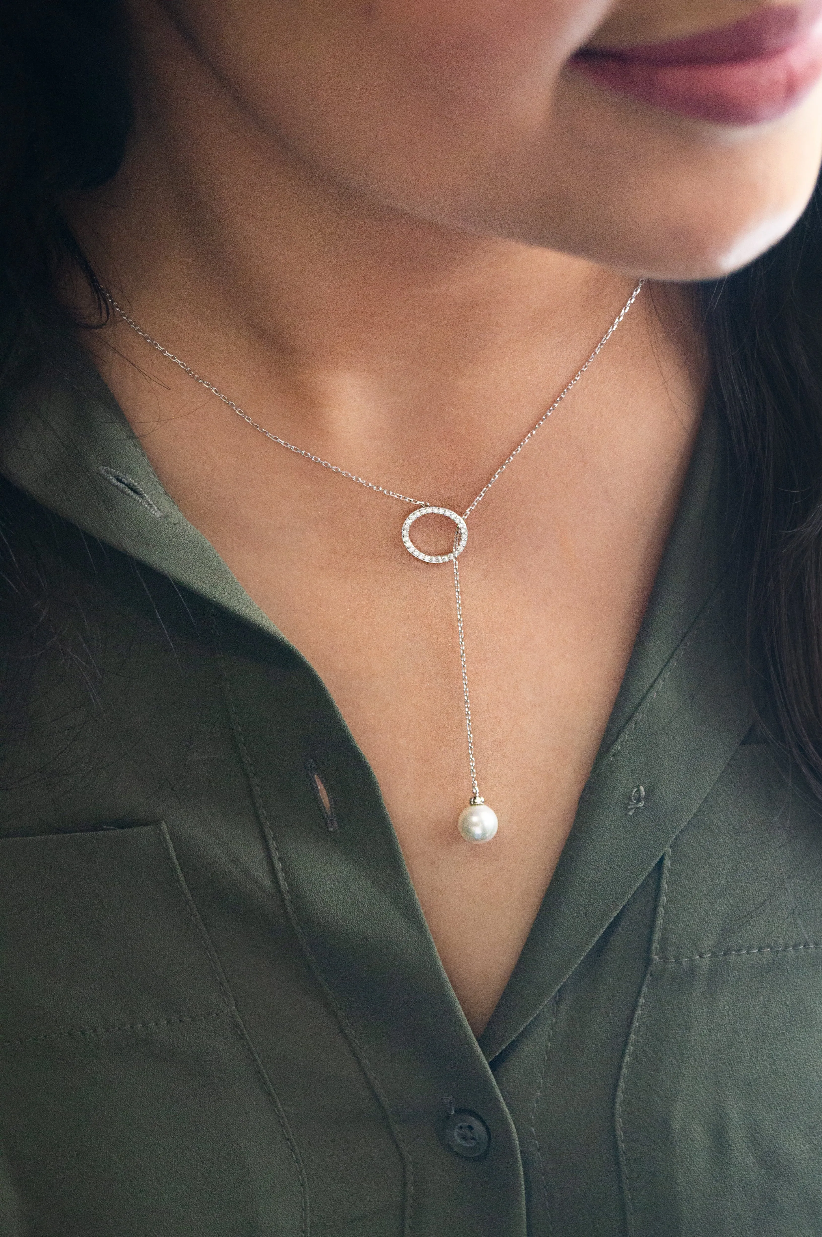 Adjustable Pearl With Circle Sterling Silver Lariat Necklace