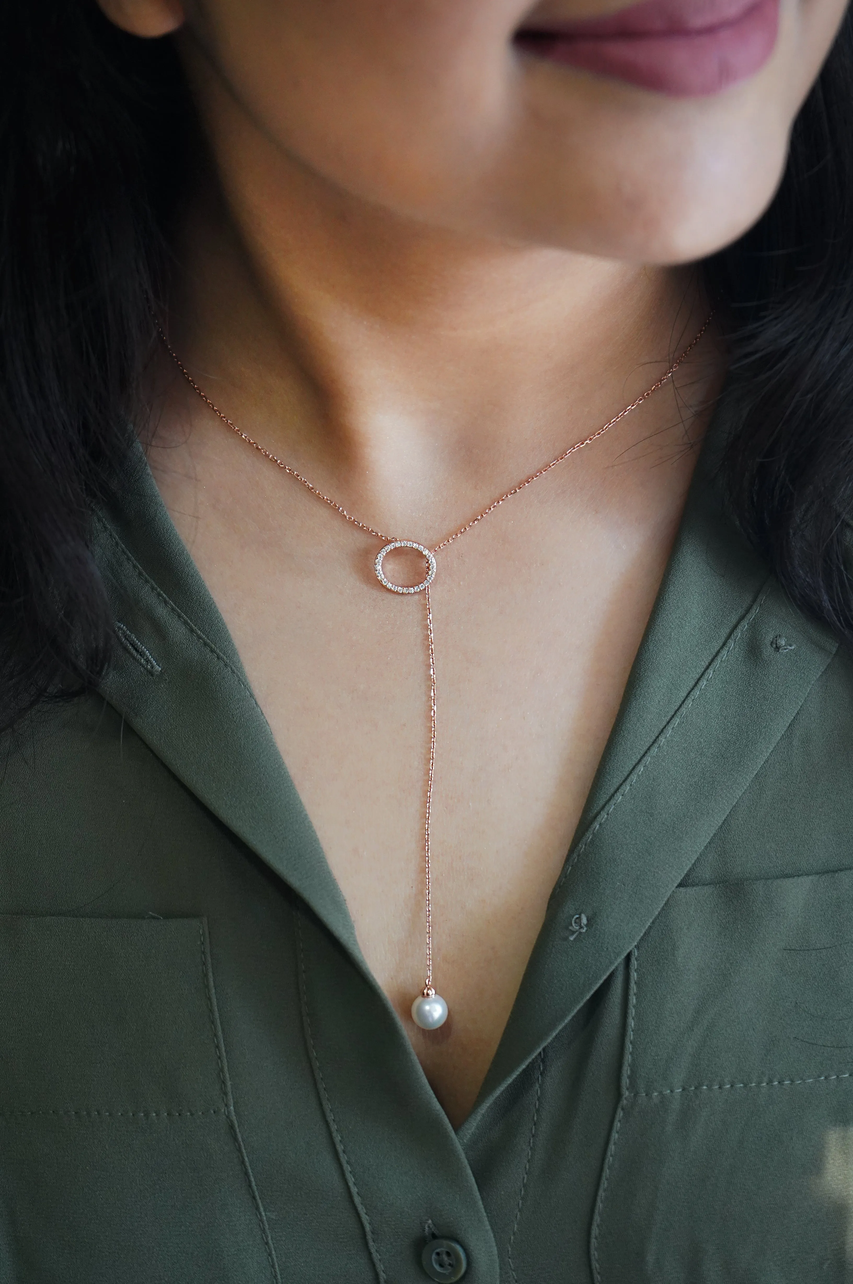 Adjustable Pearl With Circle Sterling Silver Lariat Necklace