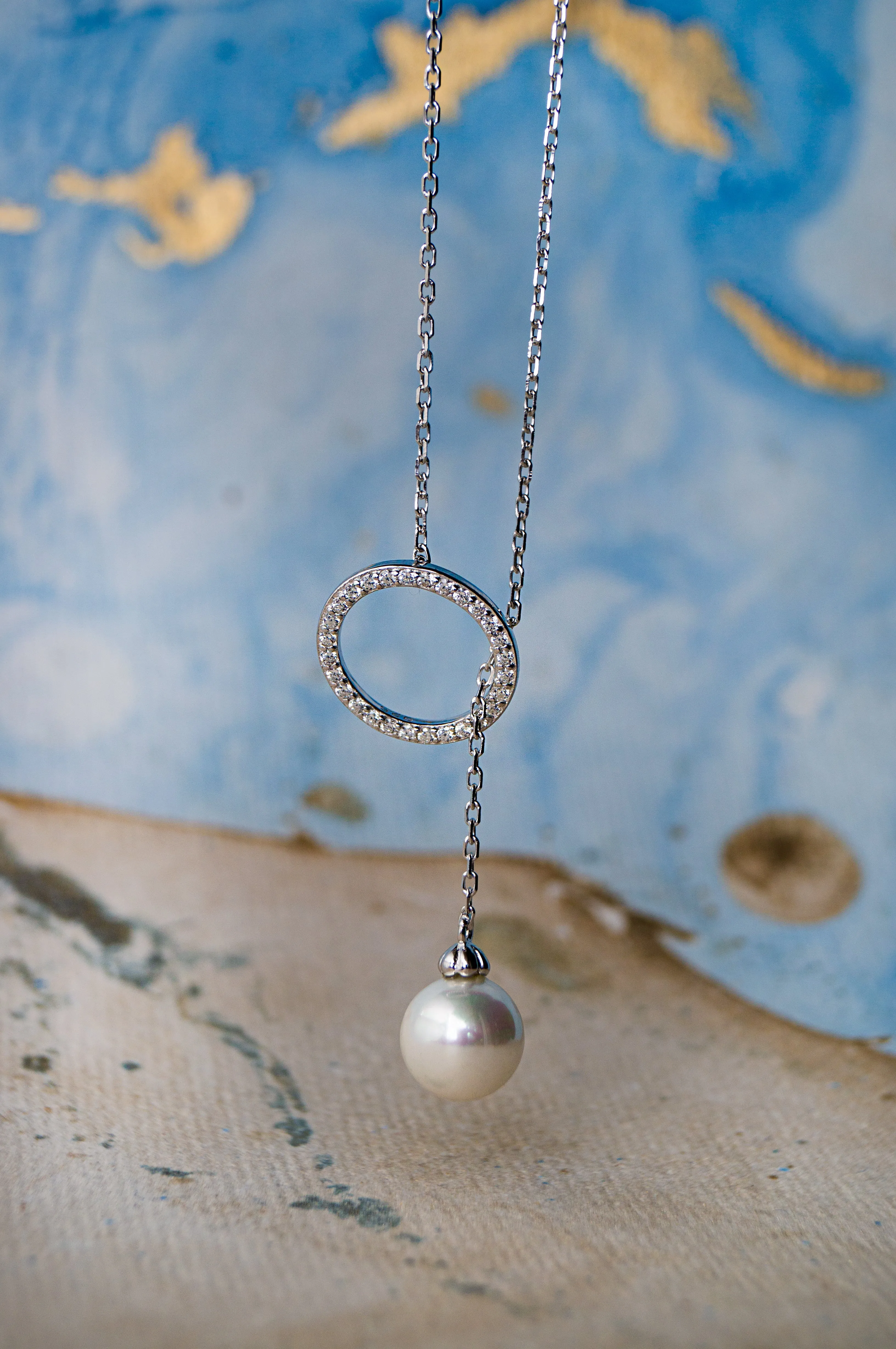 Adjustable Pearl With Circle Sterling Silver Lariat Necklace