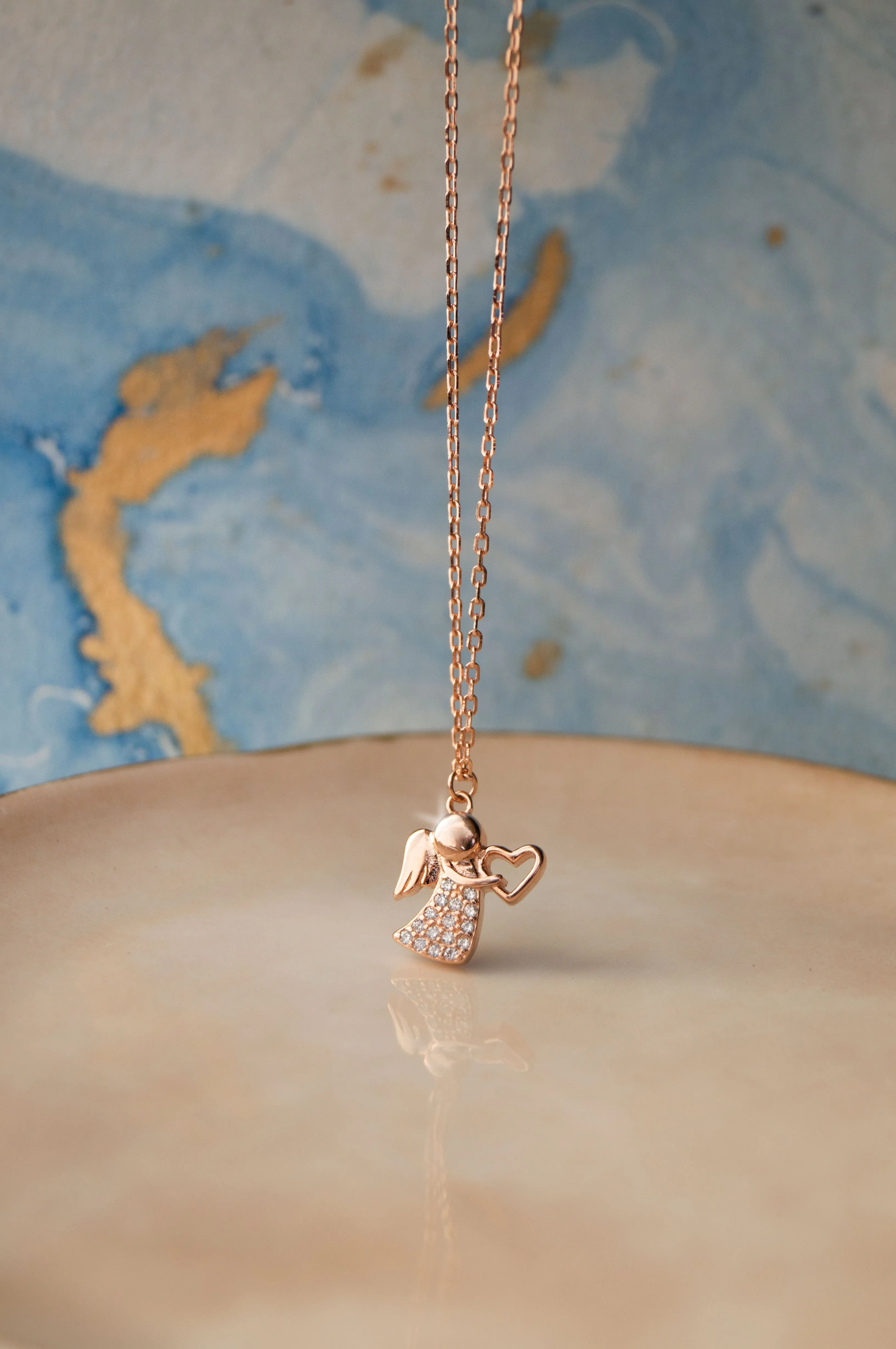 Angel With A Heart Rose Gold Plated Sterling Silver Chain Necklace