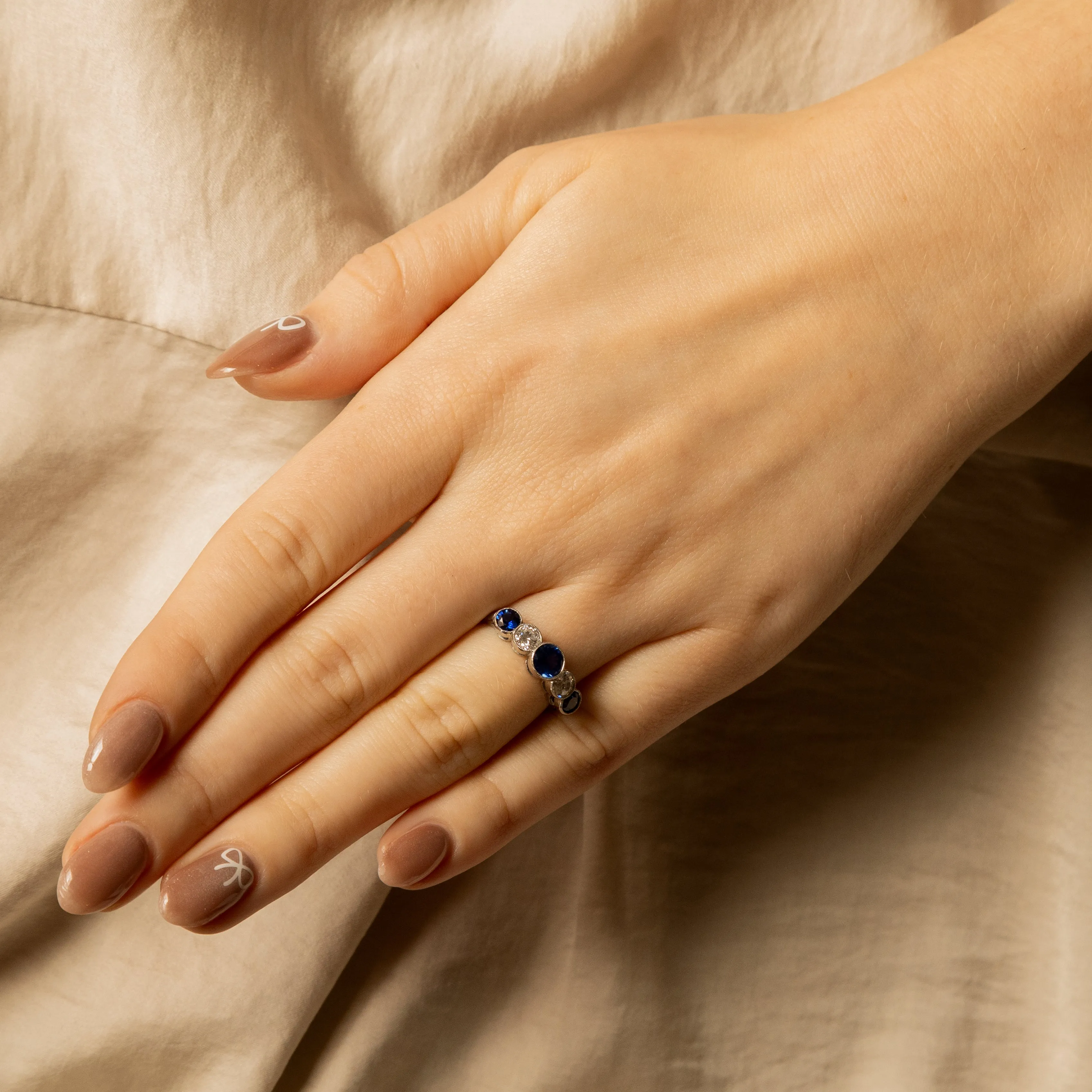 Art Deco Inspired Round Natural Sapphire Diamond Five Stone Bezel Ring