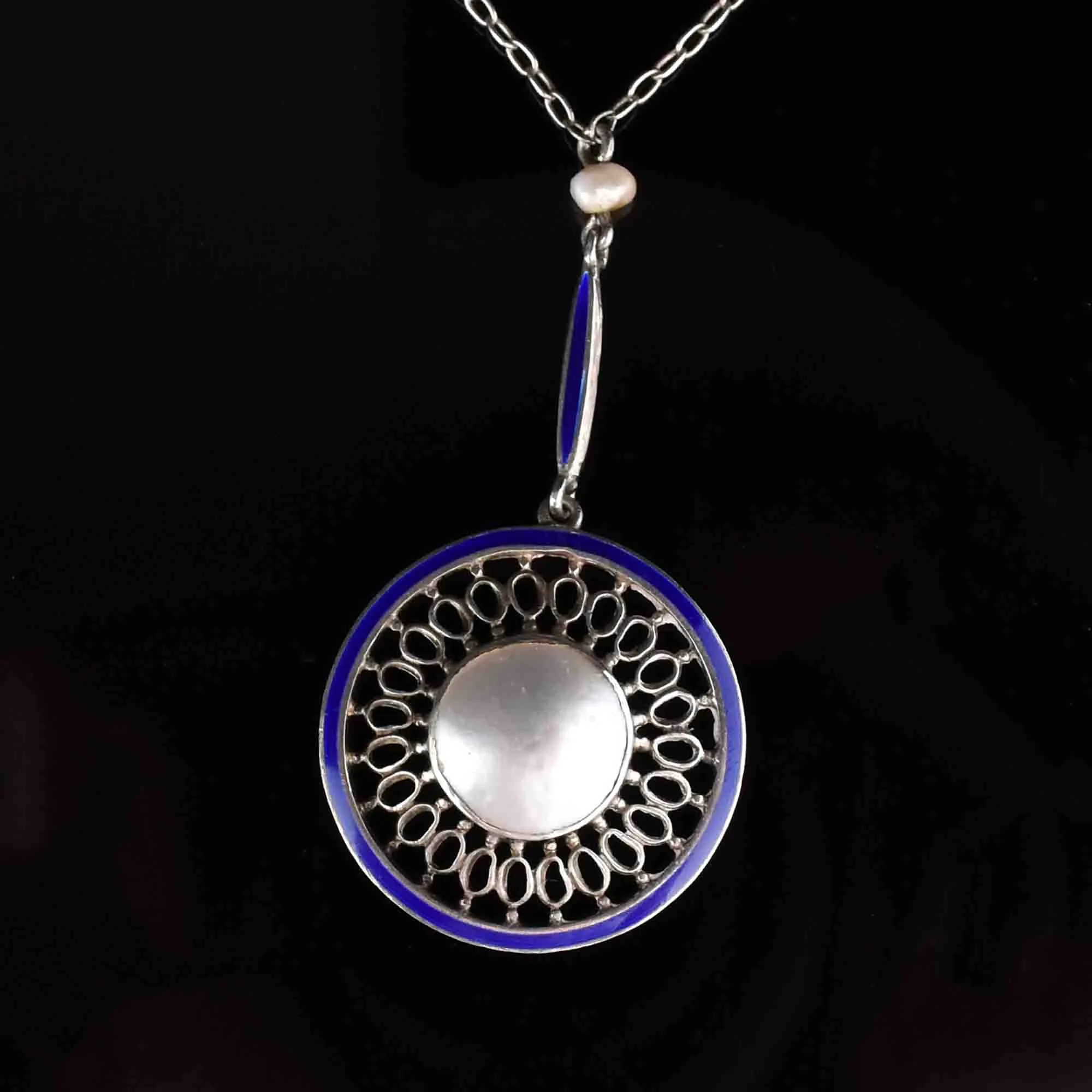 Art Deco Silver Blister Blue Enamel Baroque Pearl Pendant Necklace