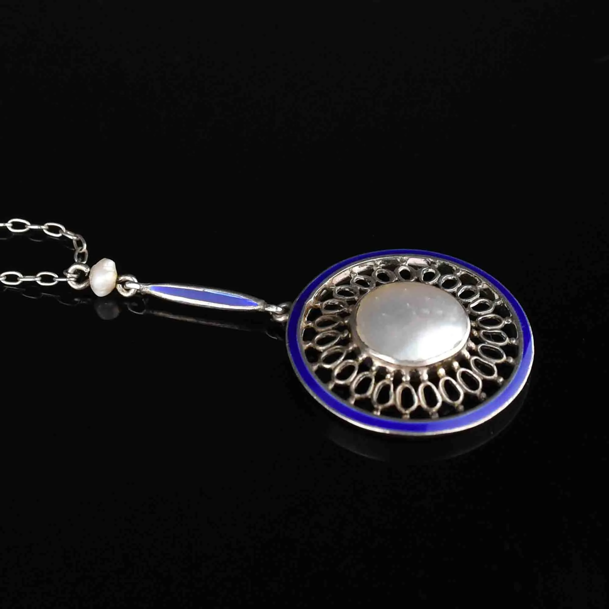 Art Deco Silver Blister Blue Enamel Baroque Pearl Pendant Necklace