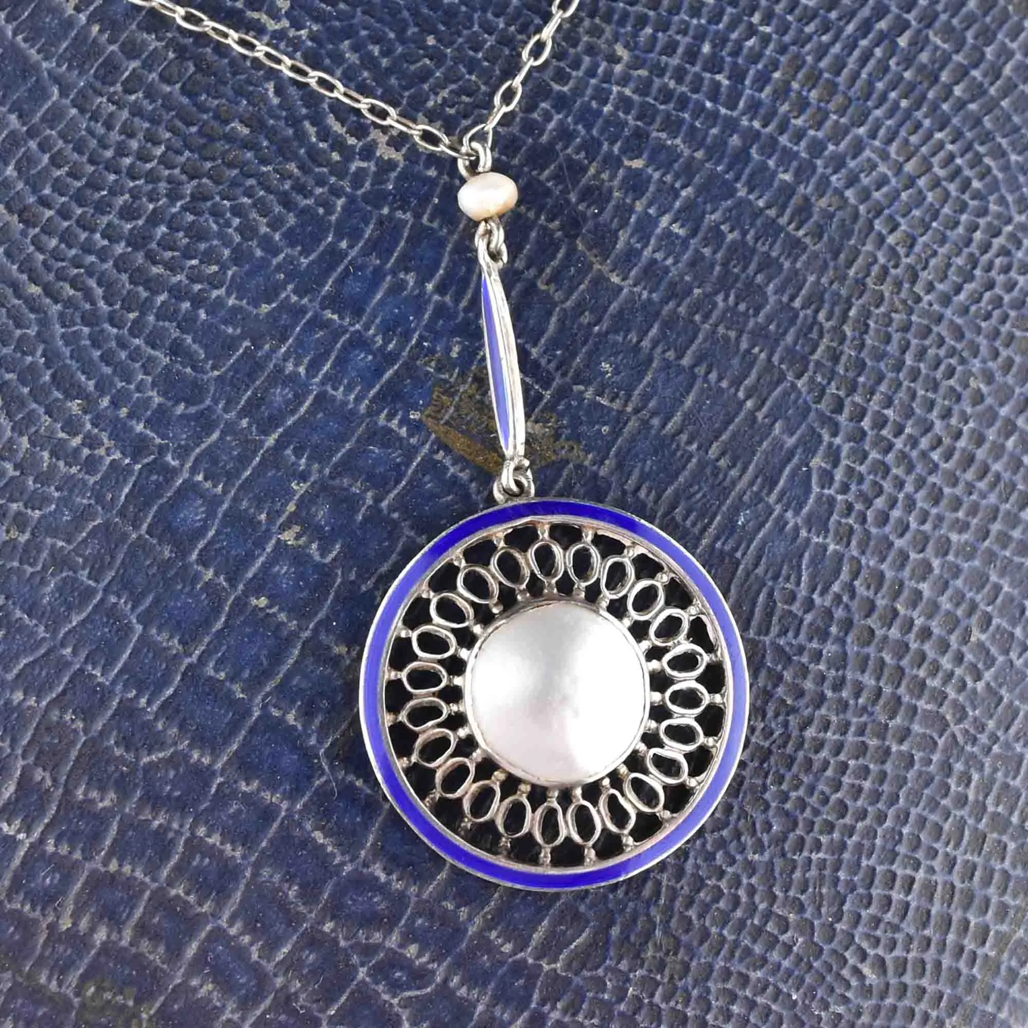 Art Deco Silver Blister Blue Enamel Baroque Pearl Pendant Necklace