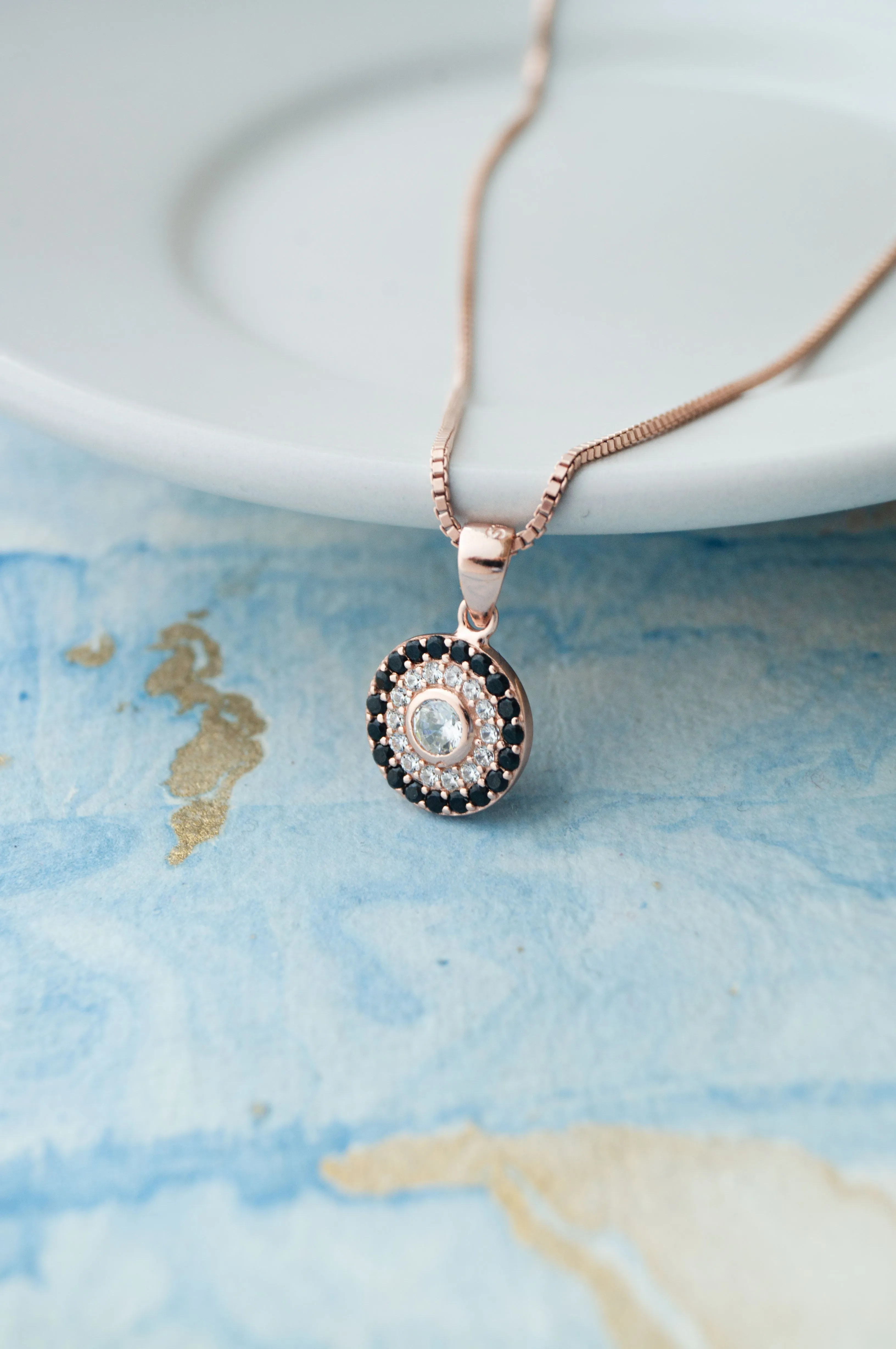 Black Halo Evil Eye Rose Gold Plated Sparkle Sterling Silver Pendant