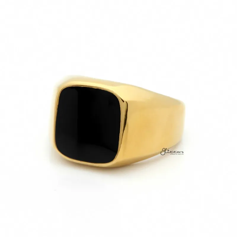 Black Square Flat Top Stainless Steel Signet Ring - Gold