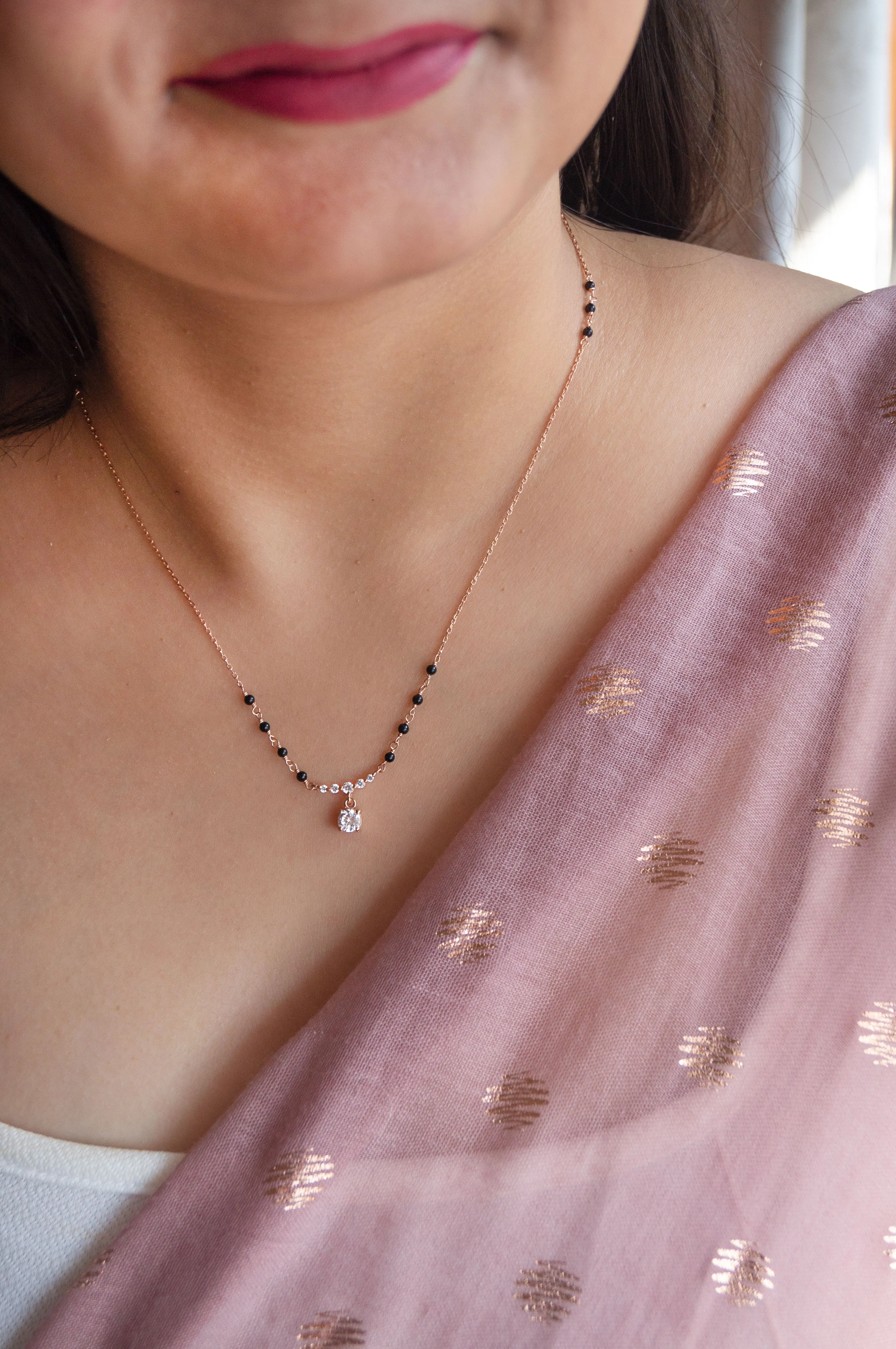 Blinging Solitaire Rose Gold Plated Sterling Silver Mangalsutra Necklace