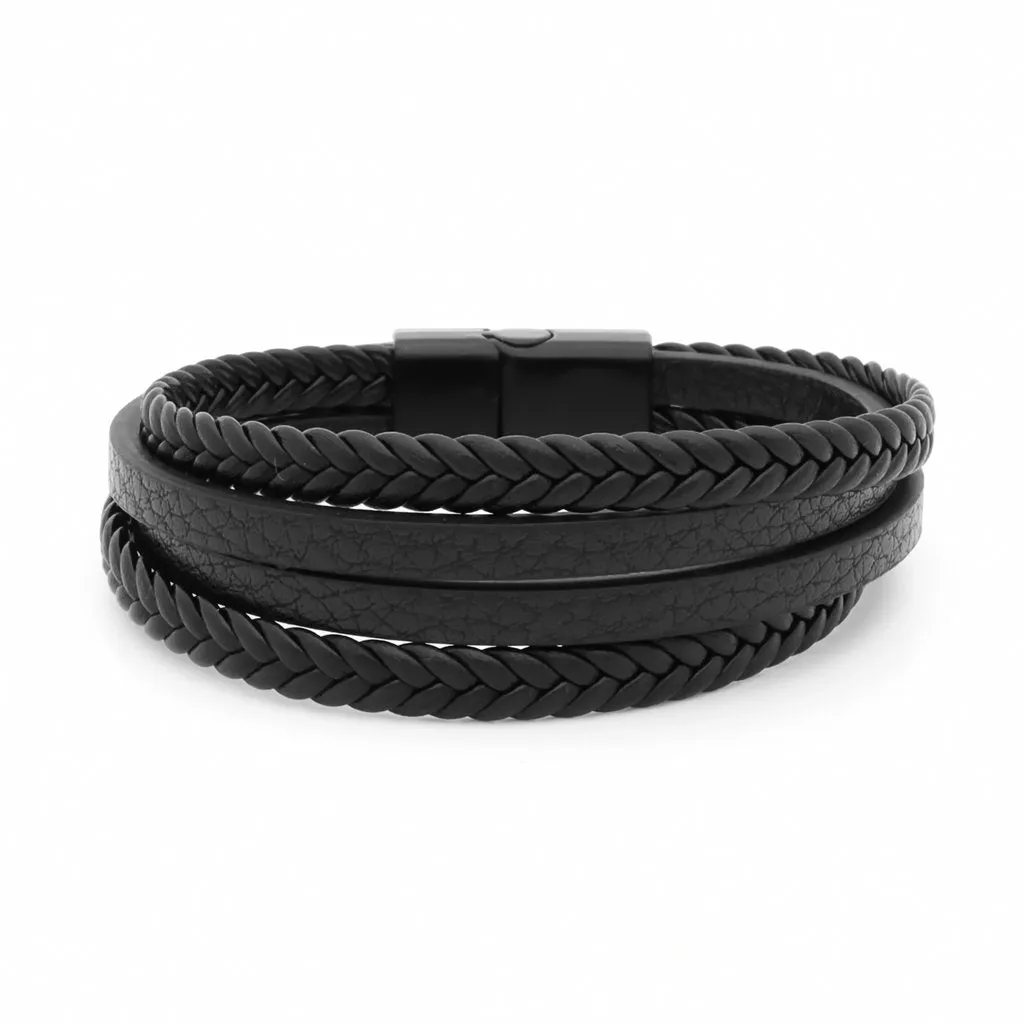 Braided Black Multilayer Leather Bracelet with Magnetic Clasp