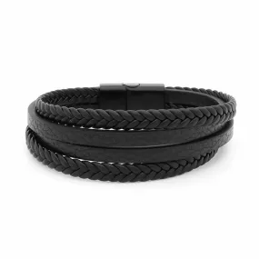 Braided Black Multilayer Leather Bracelet with Magnetic Clasp