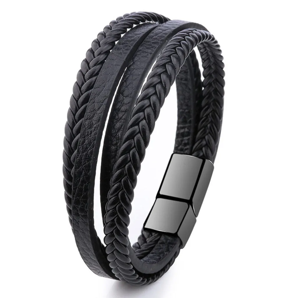 Braided Black Multilayer Leather Bracelet with Magnetic Clasp