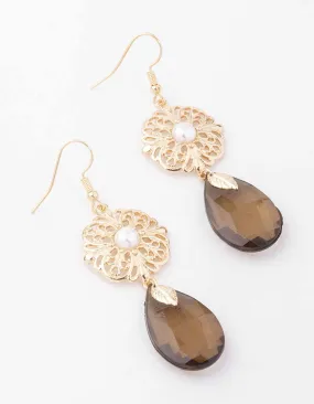 Brown Pearl Filigree Flower Drop Earrings