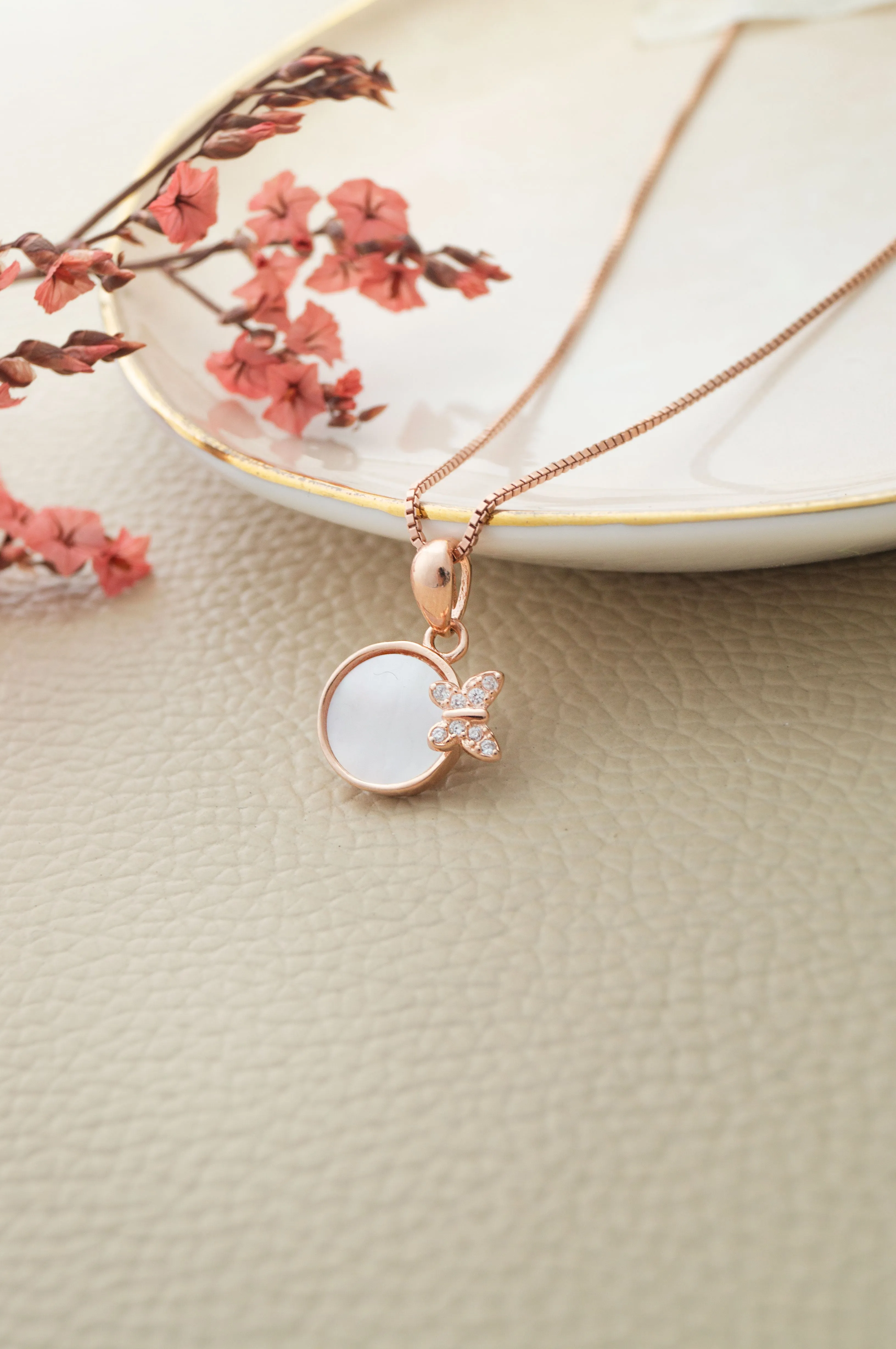 Butterfly On Mother Of Pearl Rose Gold Plated Sterling Silver Pendant Set