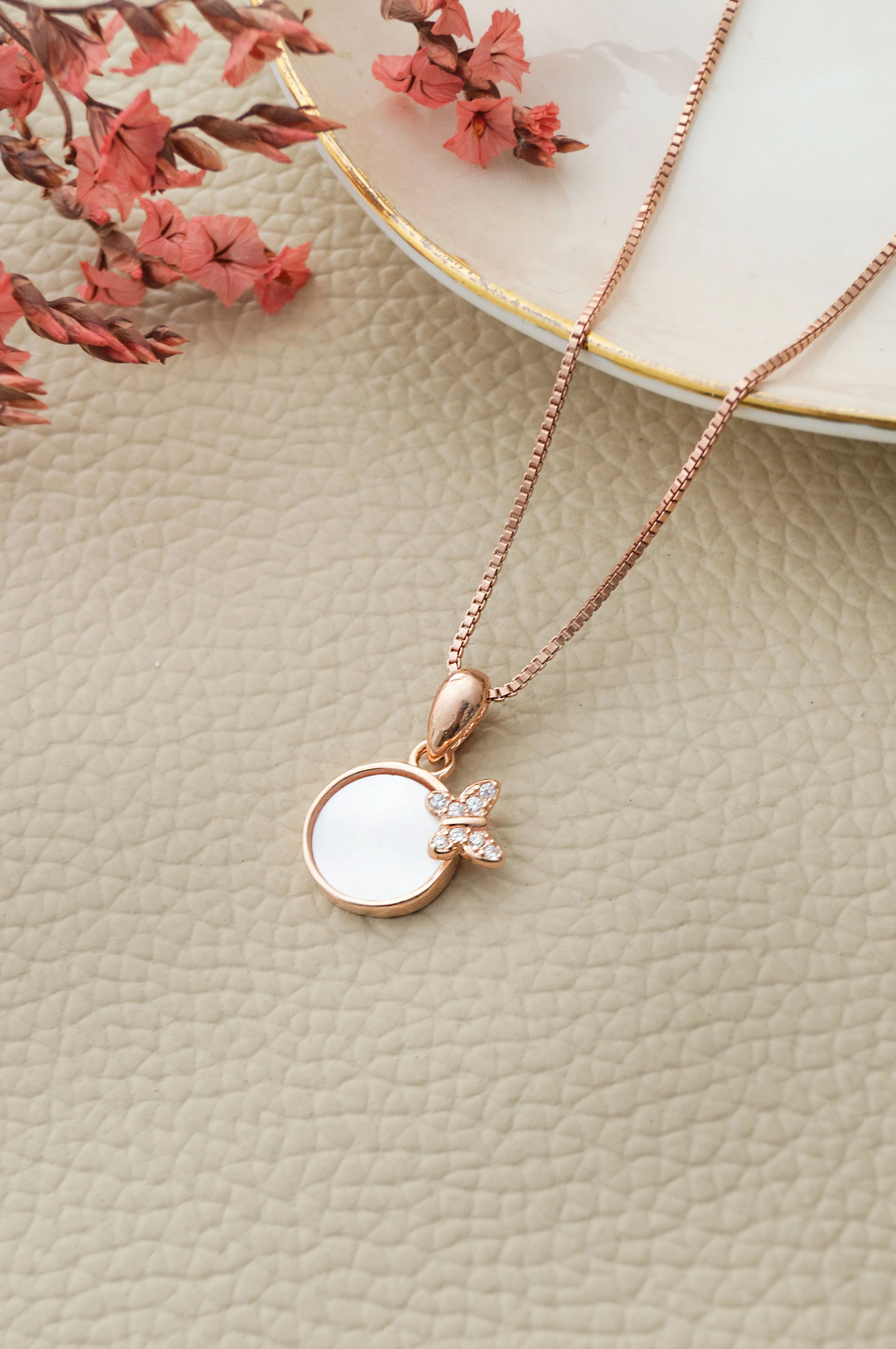 Butterfly On Mother Of Pearl Rose Gold Plated Sterling Silver Pendant Set