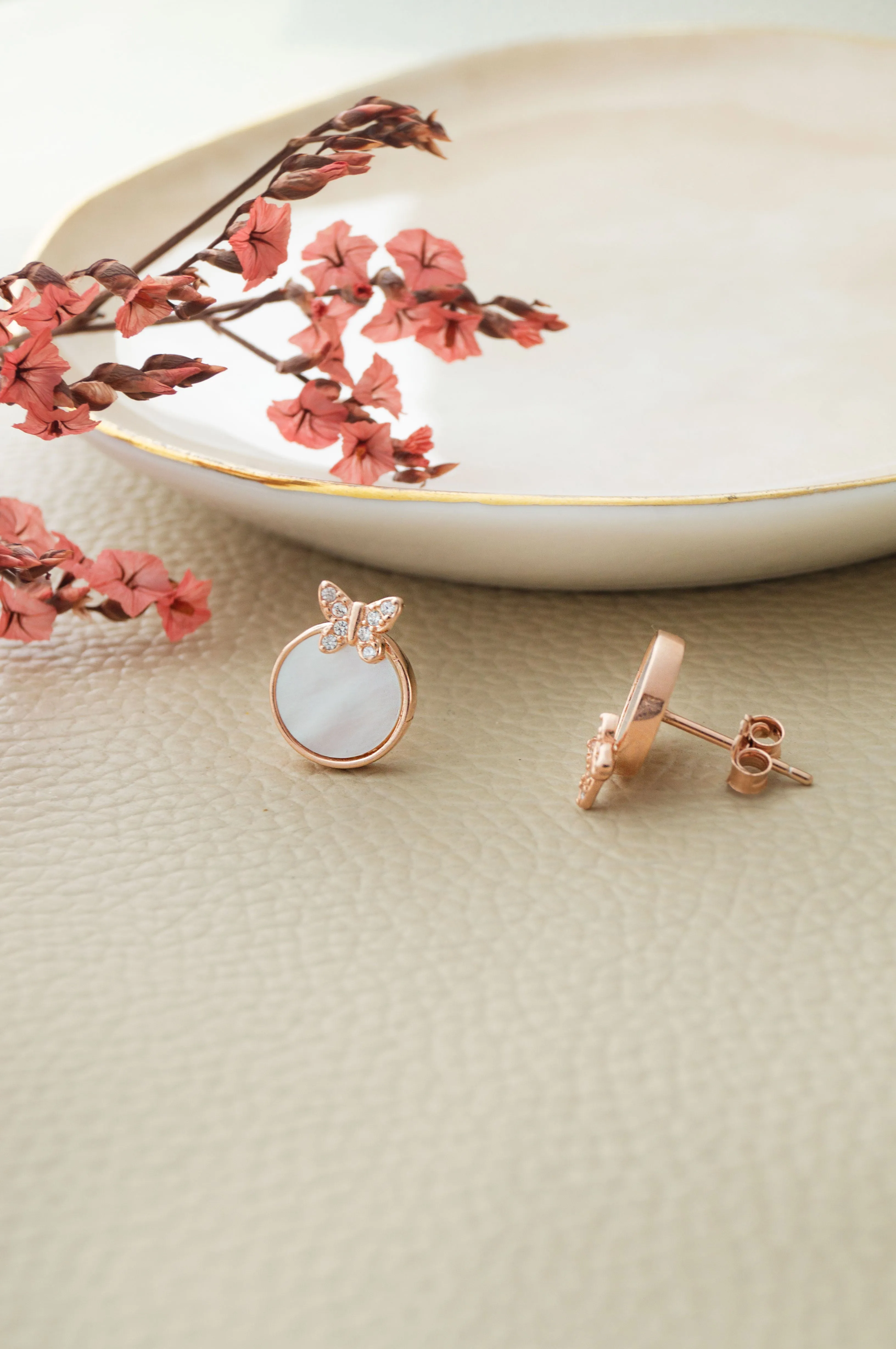 Butterfly On Mother Of Pearl Rose Gold Plated Sterling Silver Pendant Set