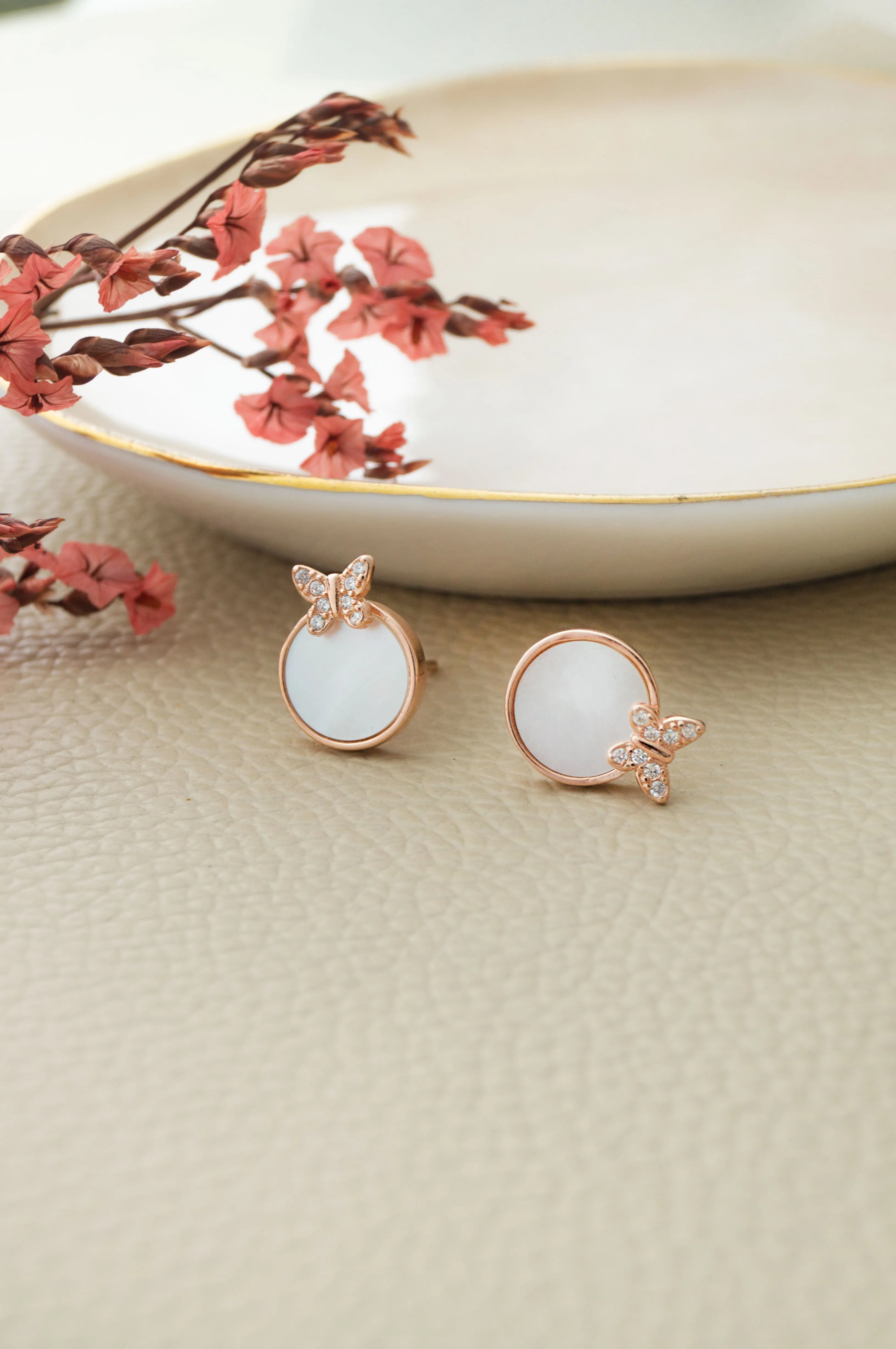 Butterfly On Mother Of Pearl Rose Gold Plated Sterling Silver Pendant Set