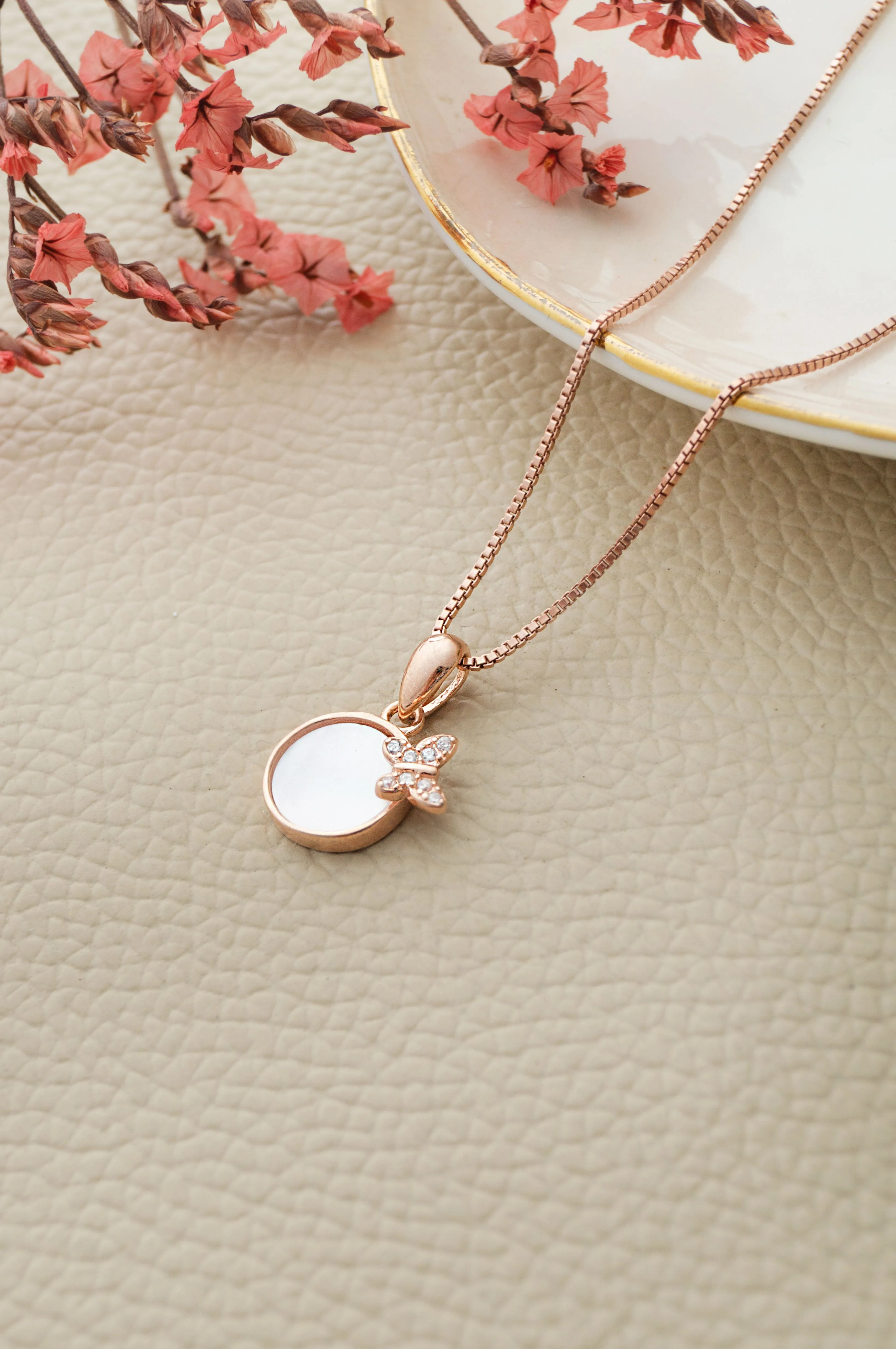 Butterfly On Mother Of Pearl Rose Gold Plated Sterling Silver Pendant Set