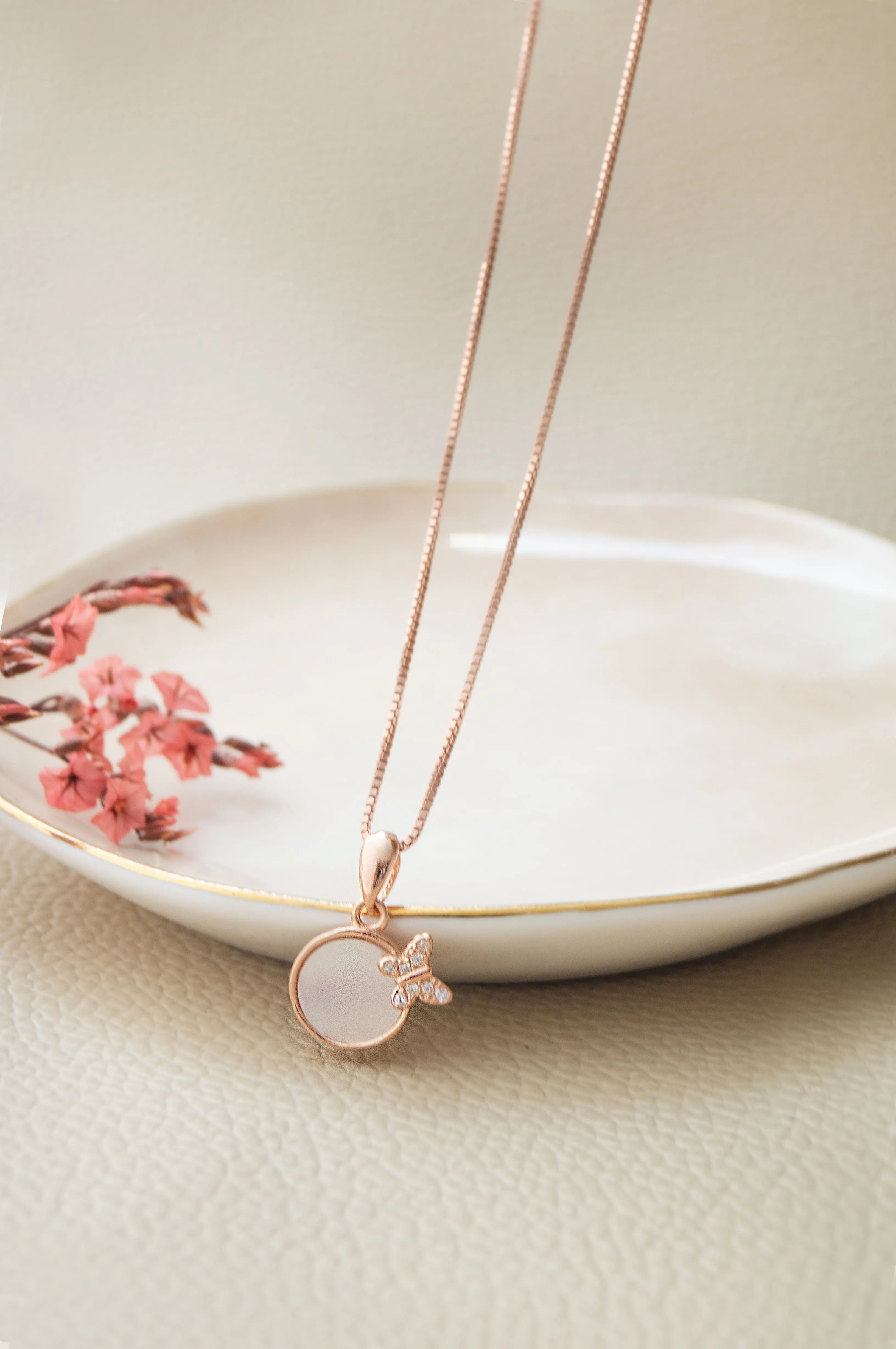 Butterfly On Mother Of Pearl Rose Gold Plated Sterling Silver Pendant Set