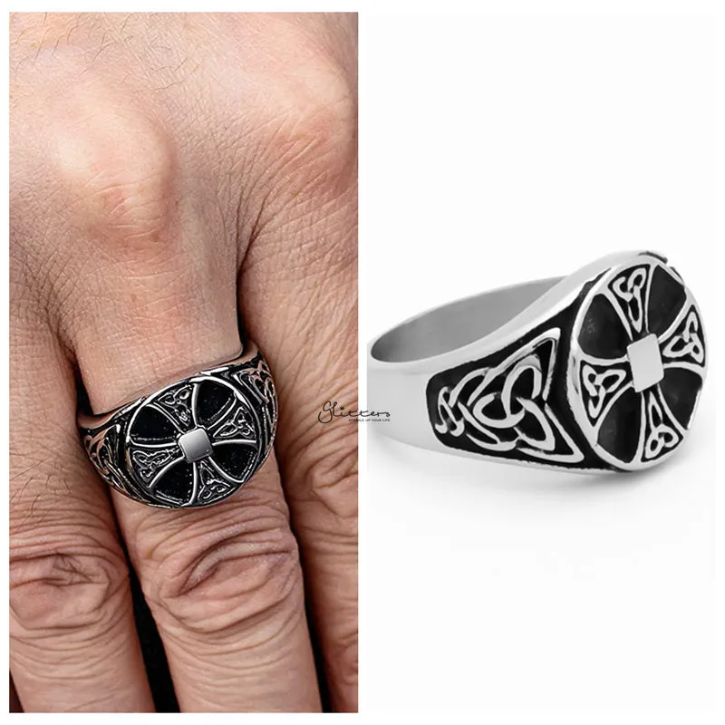 Celtic Cross Stainless Steel Ring with Celtic Knot Symbols