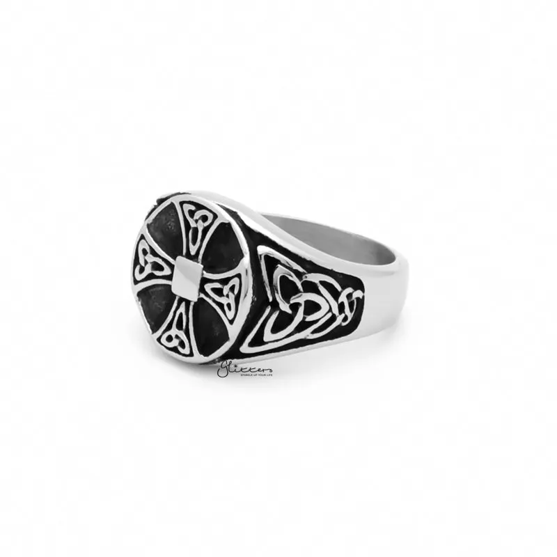 Celtic Cross Stainless Steel Ring with Celtic Knot Symbols