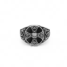 Celtic Cross Stainless Steel Ring with Celtic Knot Symbols