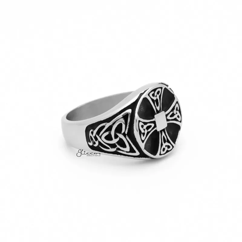 Celtic Cross Stainless Steel Ring with Celtic Knot Symbols