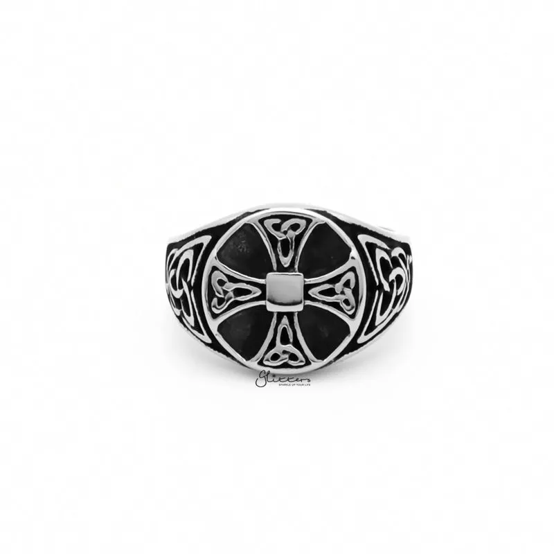 Celtic Cross Stainless Steel Ring with Celtic Knot Symbols