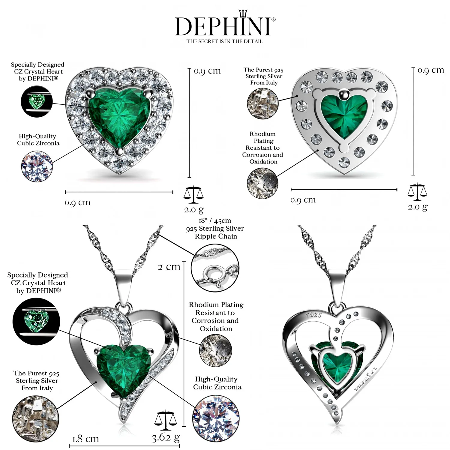 DEPHINI Green Jewellery SET Heart Necklace & Heart Earrings Silver