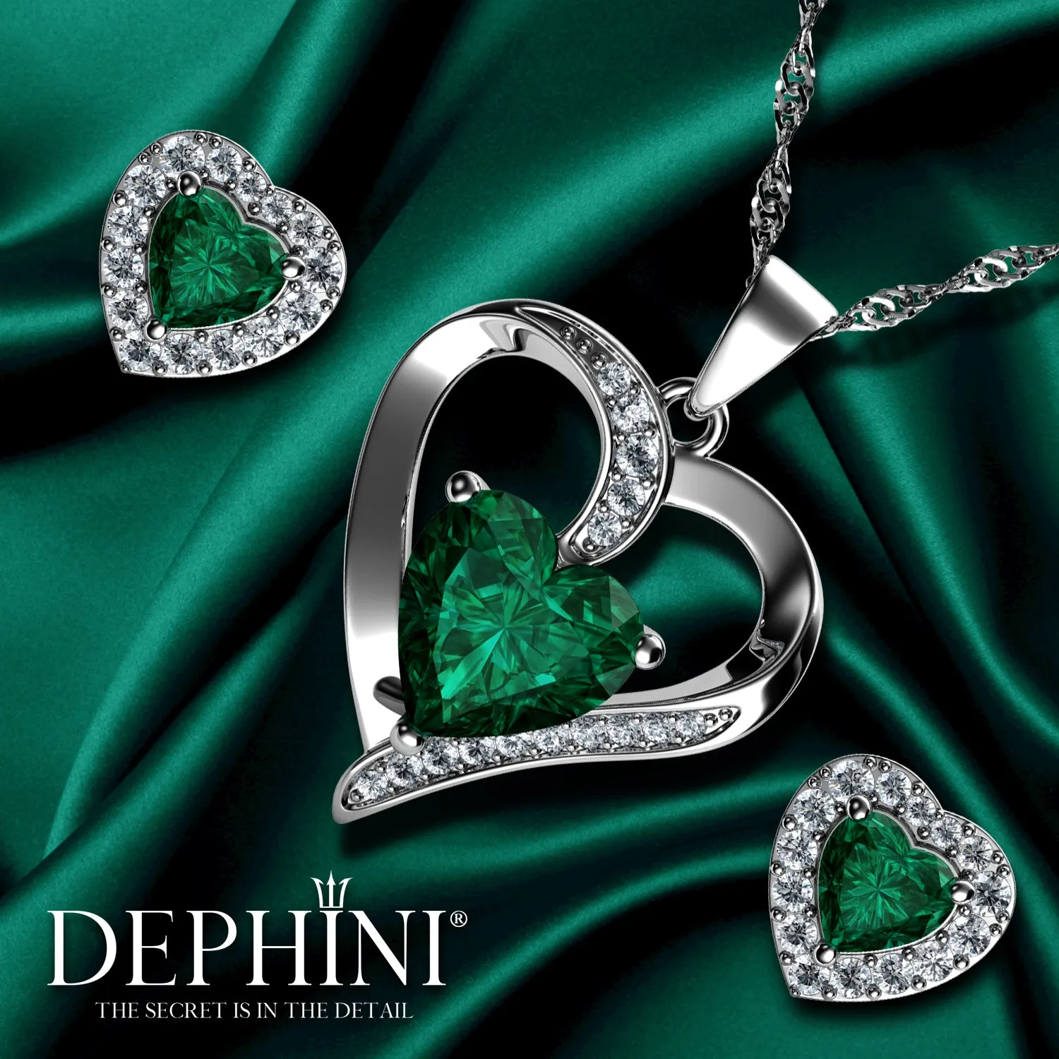 DEPHINI Green Jewellery SET Heart Necklace & Heart Earrings Silver