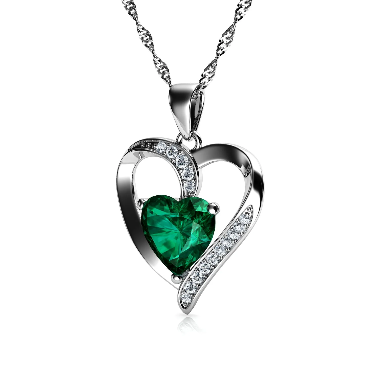 DEPHINI Green Jewellery SET Heart Necklace & Heart Earrings Silver